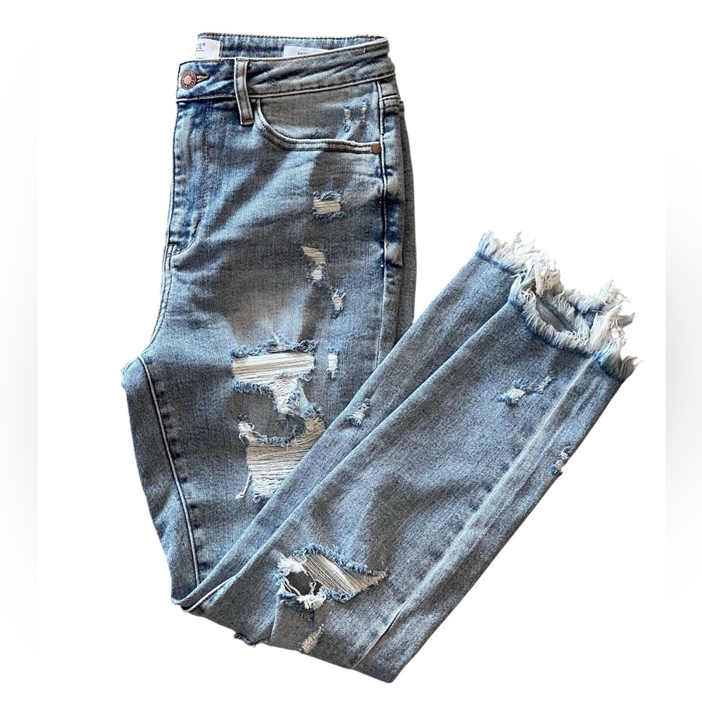 Judy Blue Skinny Fit Distressed Denim Blue Jeans Sz 9/29 Frayed Hems Stretch